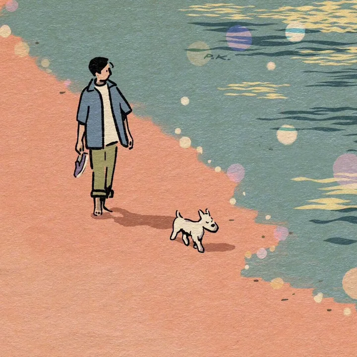 手绘插画：海边散步的人和一只小狗