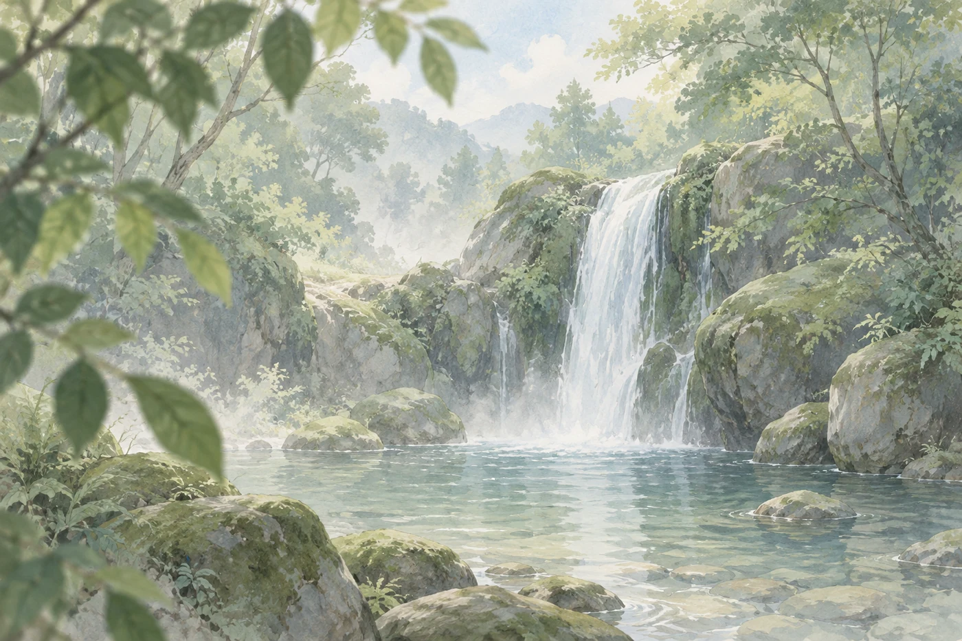 手绘的林间瀑布与浅色水潭