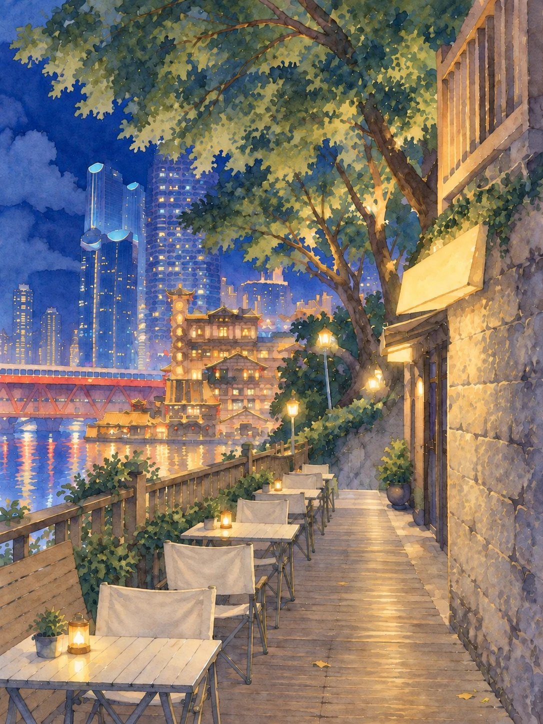 水彩画中，夜色里的临江步道、路灯和远处高楼。