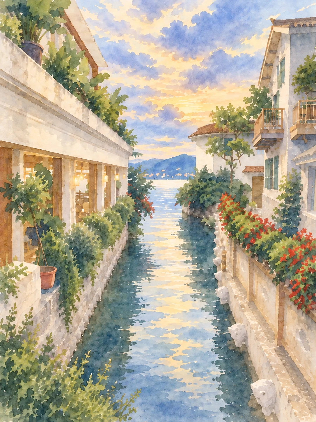 水彩画中，两侧房屋与绿植之间是一条通向水面的狭窄水巷。