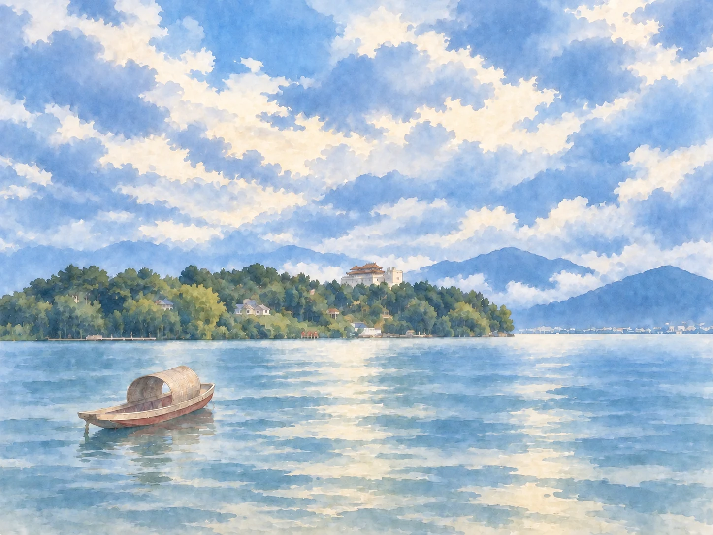 水彩画中，蓝色湖面上有一只小舟，远处是树林、山和层层云。