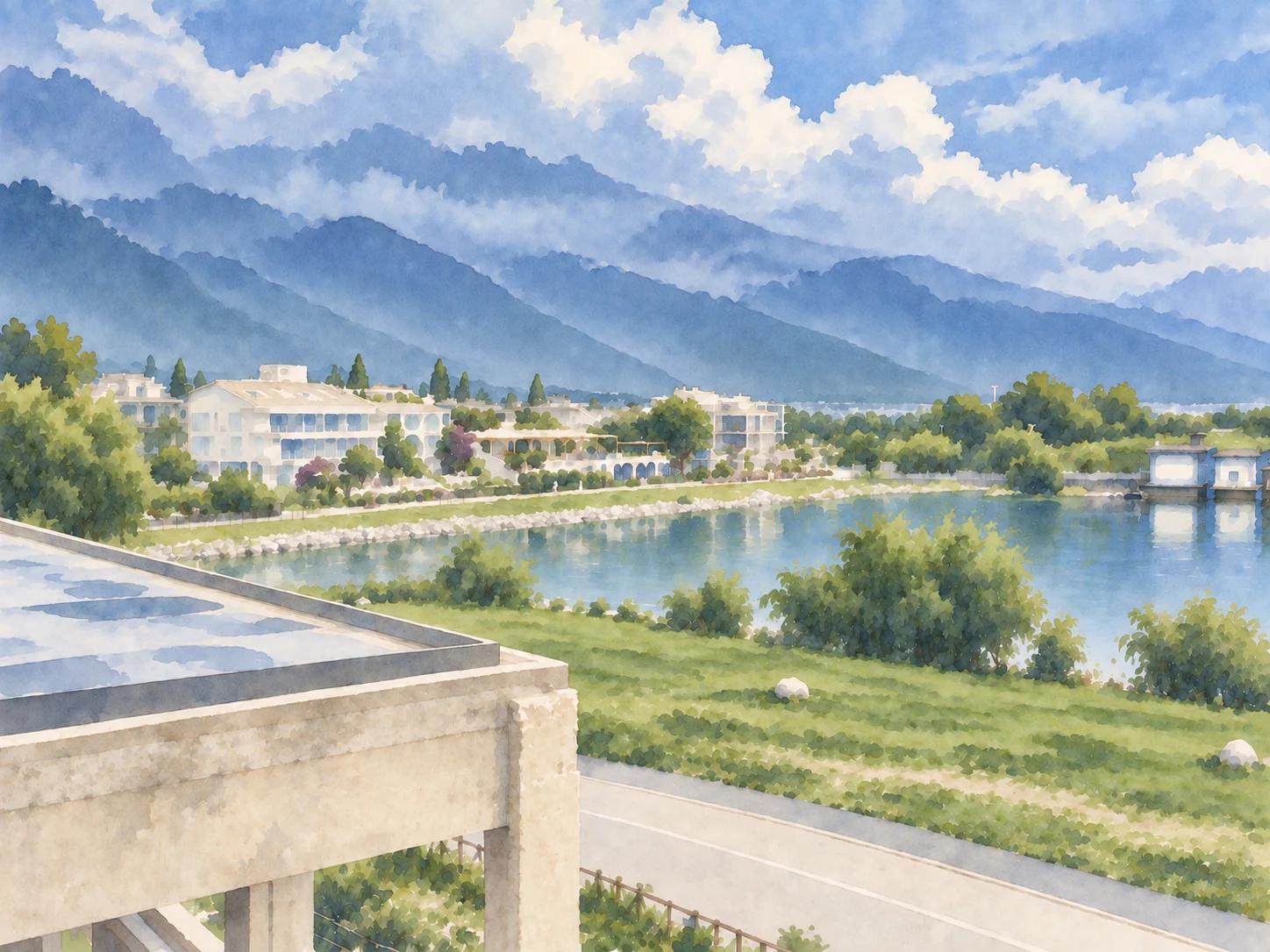 水彩画中，湖边有浅色建筑和绿树，远处是青山。