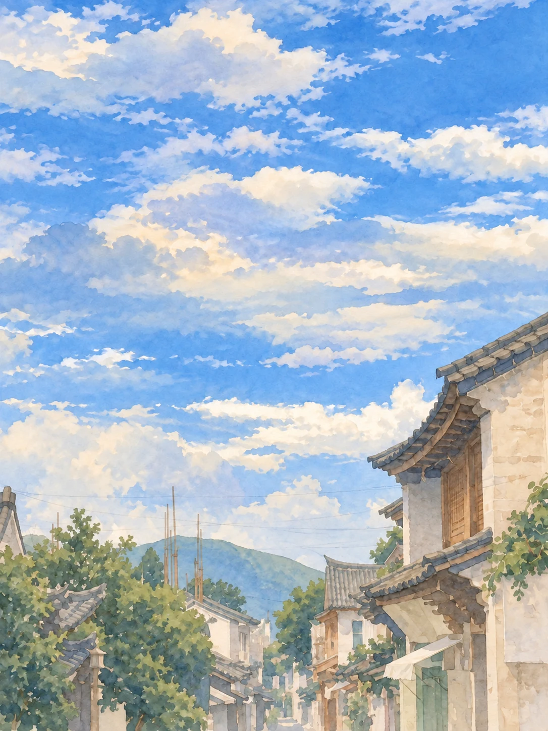 水彩画中，旧街屋檐上方是大片蓝天和层层白云。