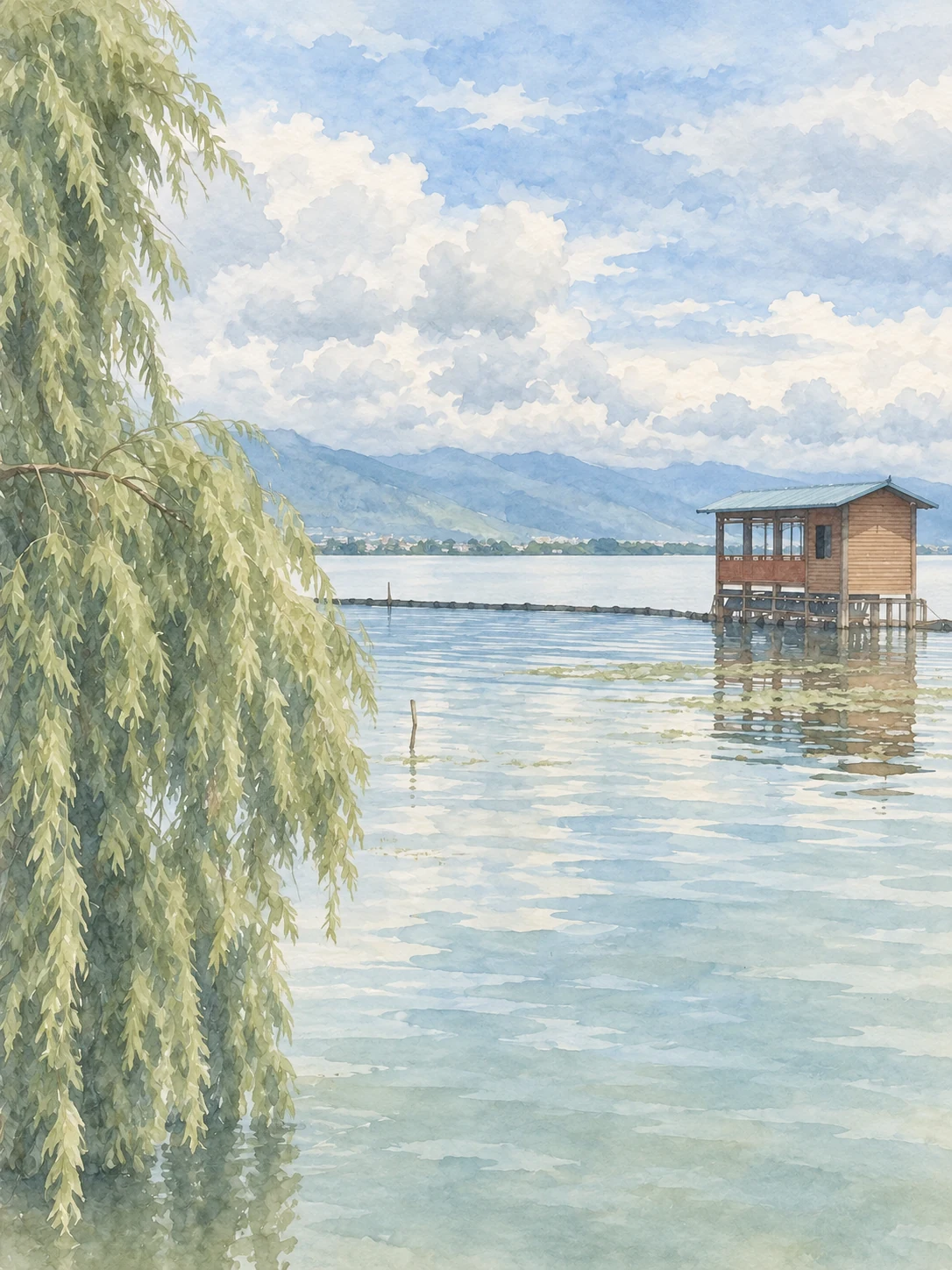 水彩画中，柳枝垂到湖面，水上有一间木屋，远处是青山和云。