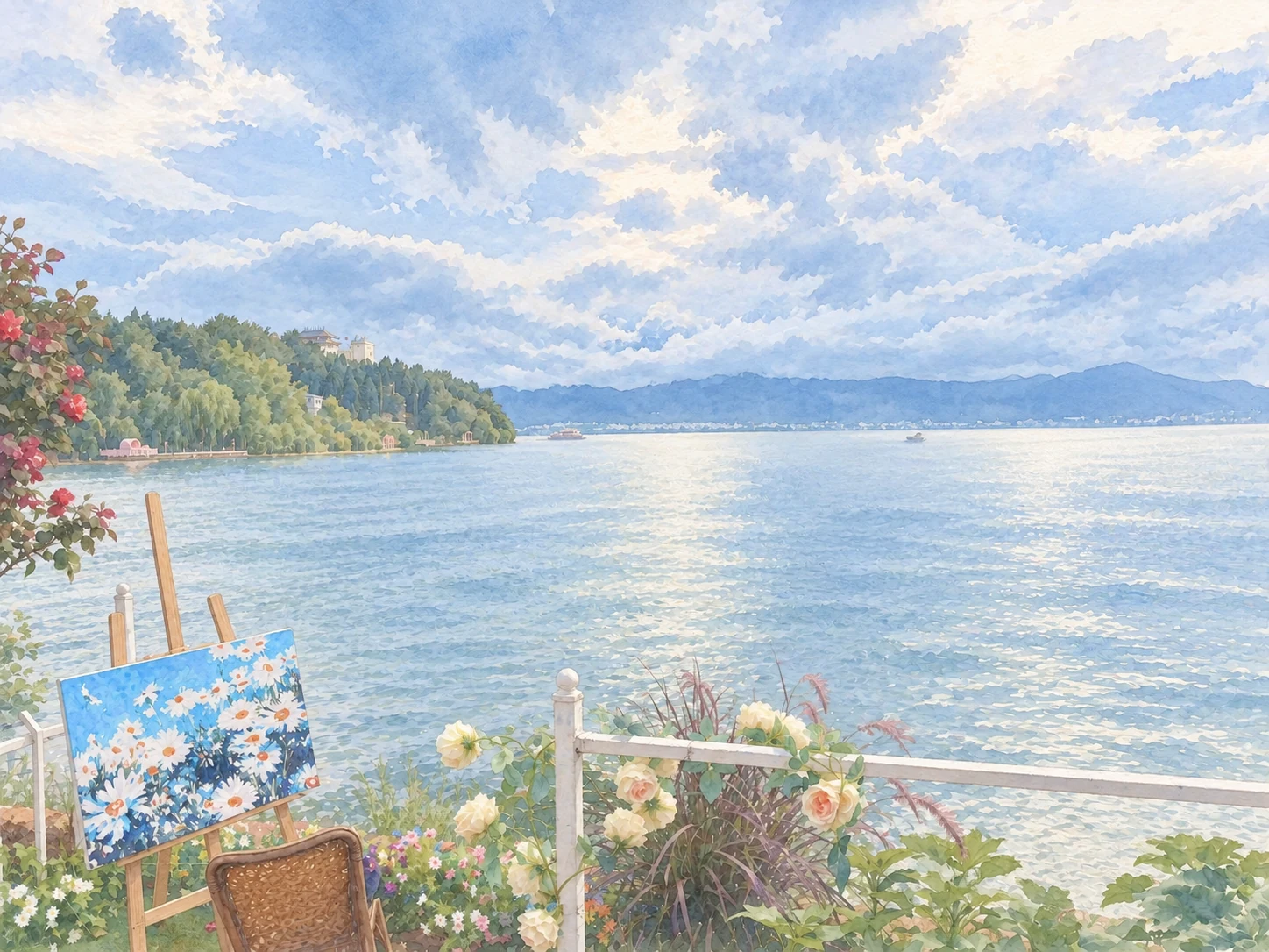 水彩画中，湖边的画架上放着一幅花画，旁边是栏杆、花草与远处的山。